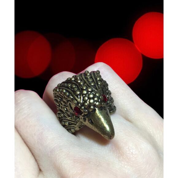 Gothic Stainless Steel Rocker Crow Bird Statement Ring Red Gemstone Size 6.5 - Picture 1 of 13